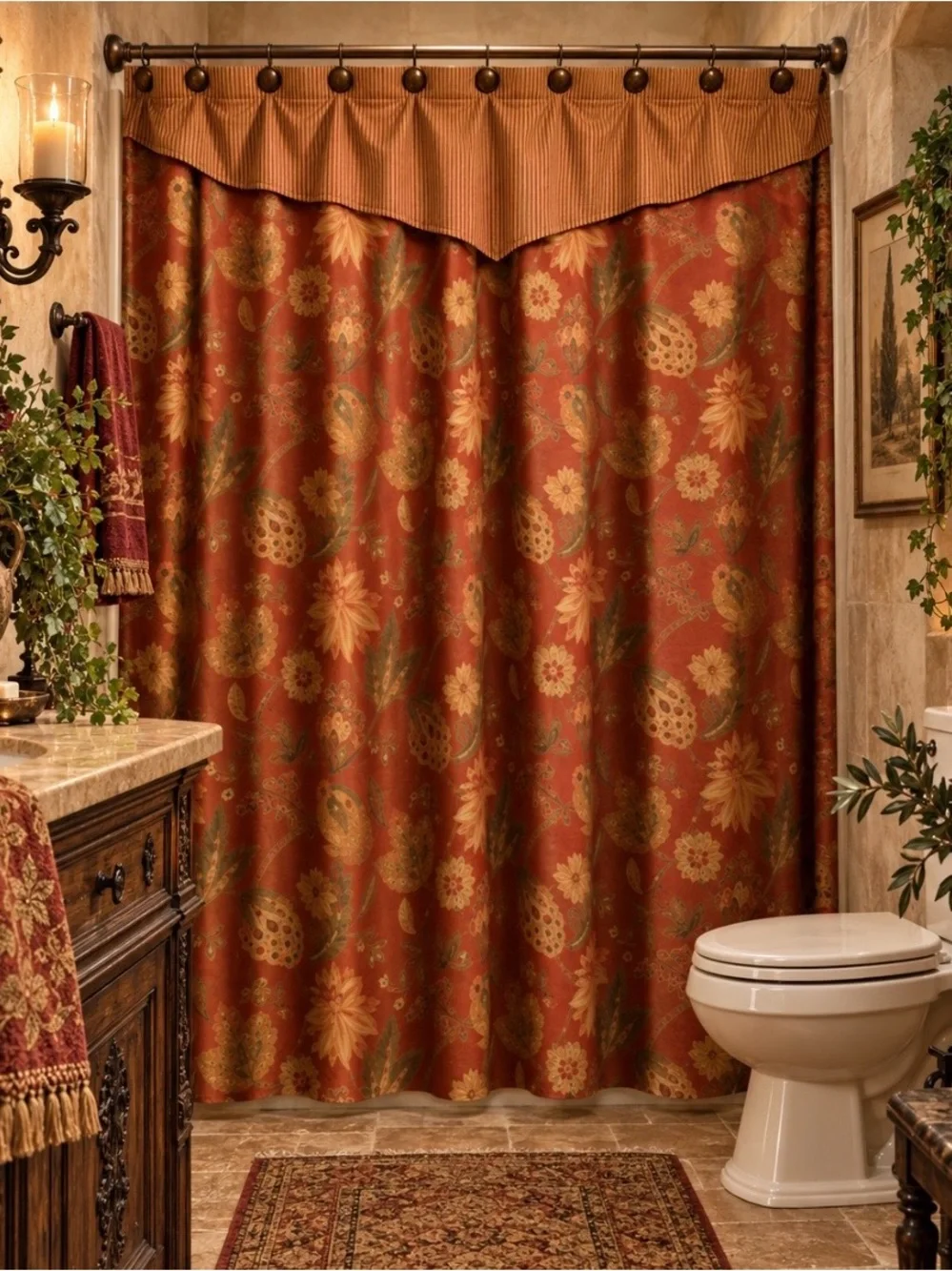 Vintage Tweel Floral Paisley Shower Curtain w/ Valance